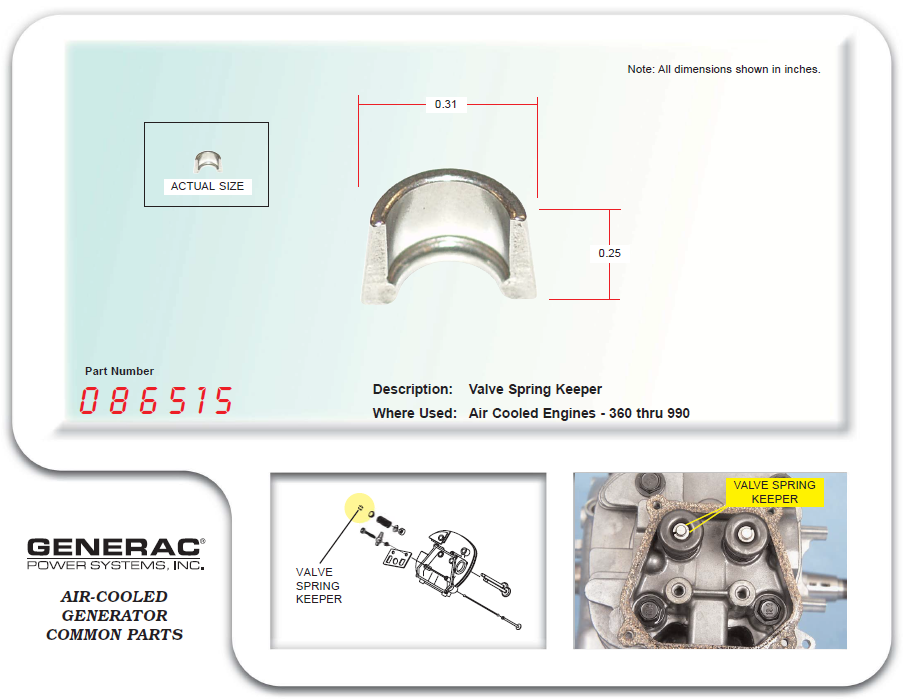 Generac G086515 Valve Spring Keeper 086515