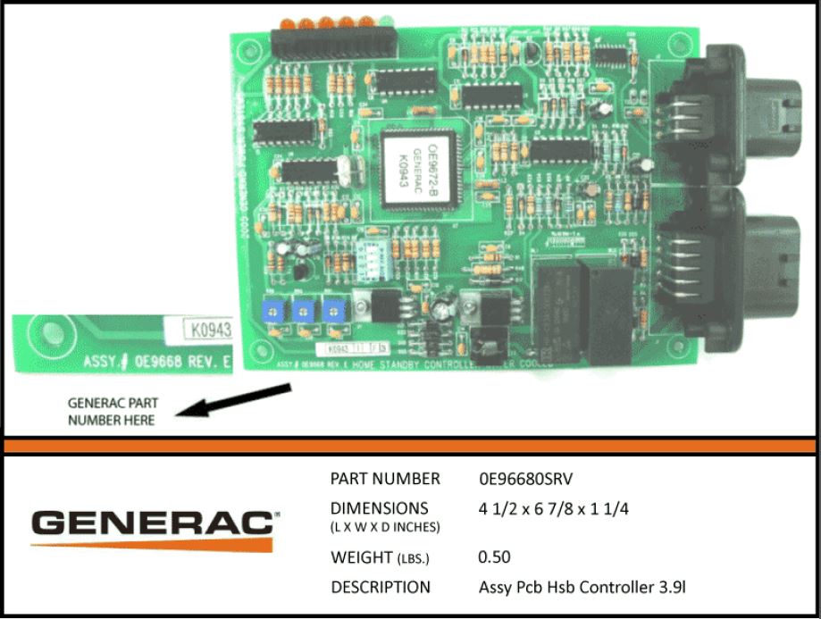 Generac PCB HSB Controller Assy 3.9L Part# 0E96680SRV