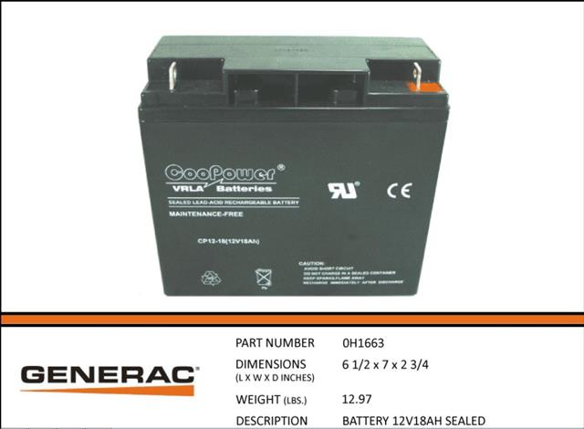 Generac 0H1663 BATTERY 12V 18AH SEALED NEW Replaces CP1218