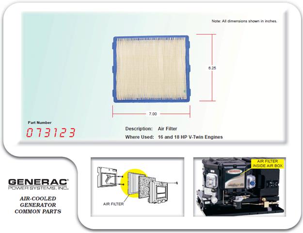 Generac Guardian ELEMENT AIR FILTER 073123