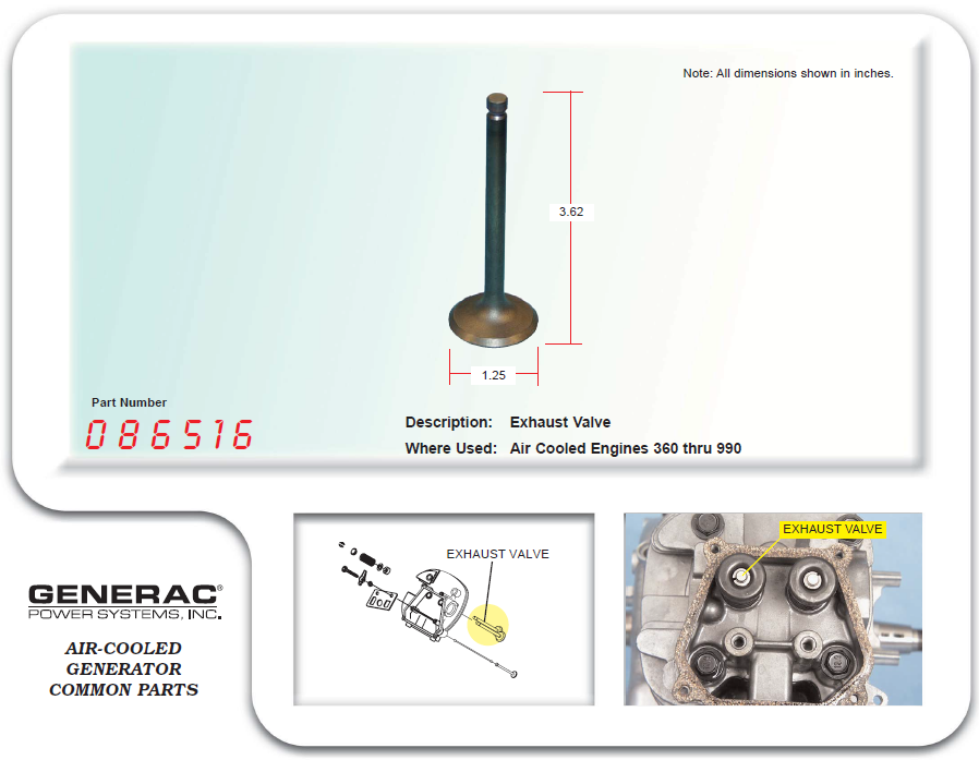 Generac Exhaust Valve Part# 086516