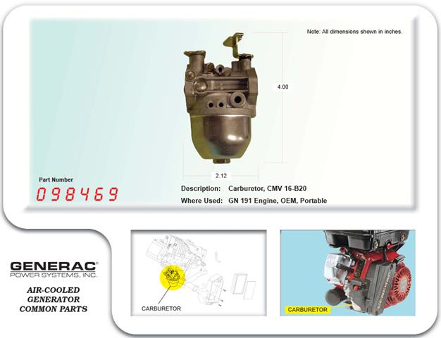 Generac Guardian CARBURETOR CMV16-B20 191HS  098469