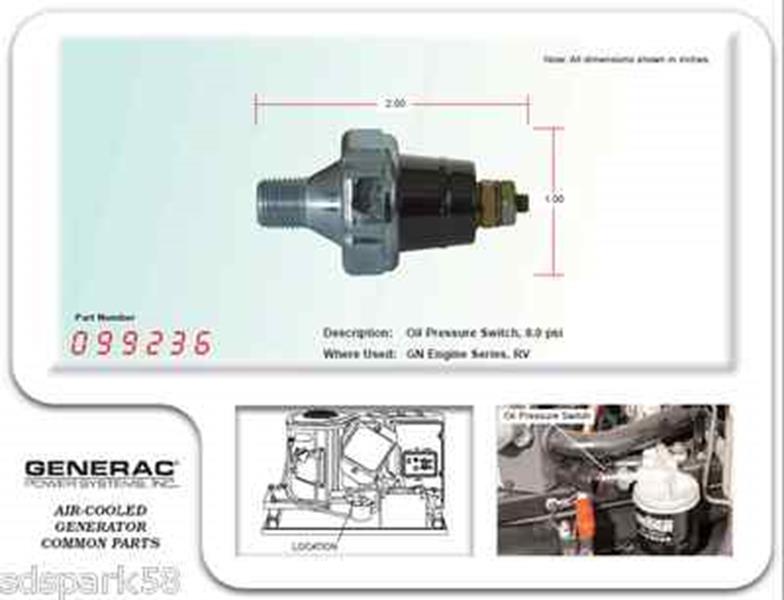 Generac Guardian Generator Part # G099236 Oil Pressure Switch 8 PSI New OEM