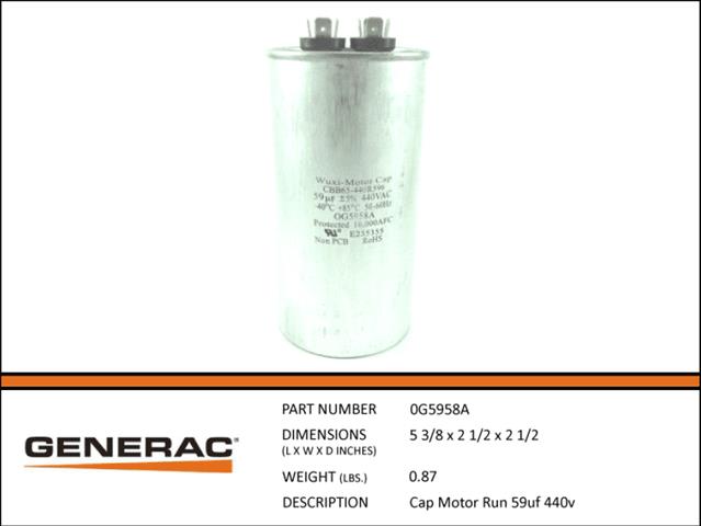 Generac CAP MOTOR RUN 59UF 440V  0G5958A