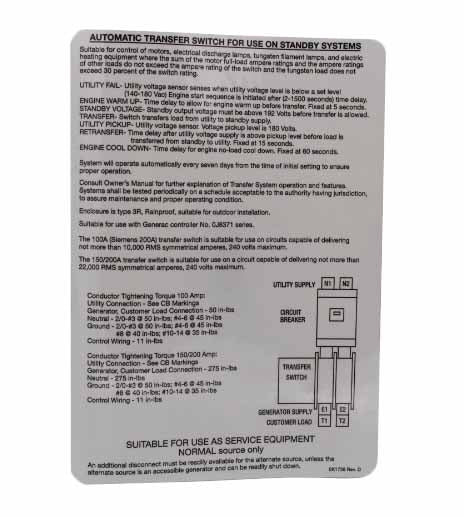 Generac 0K1738 Decal Test SEQ 100-200A SE