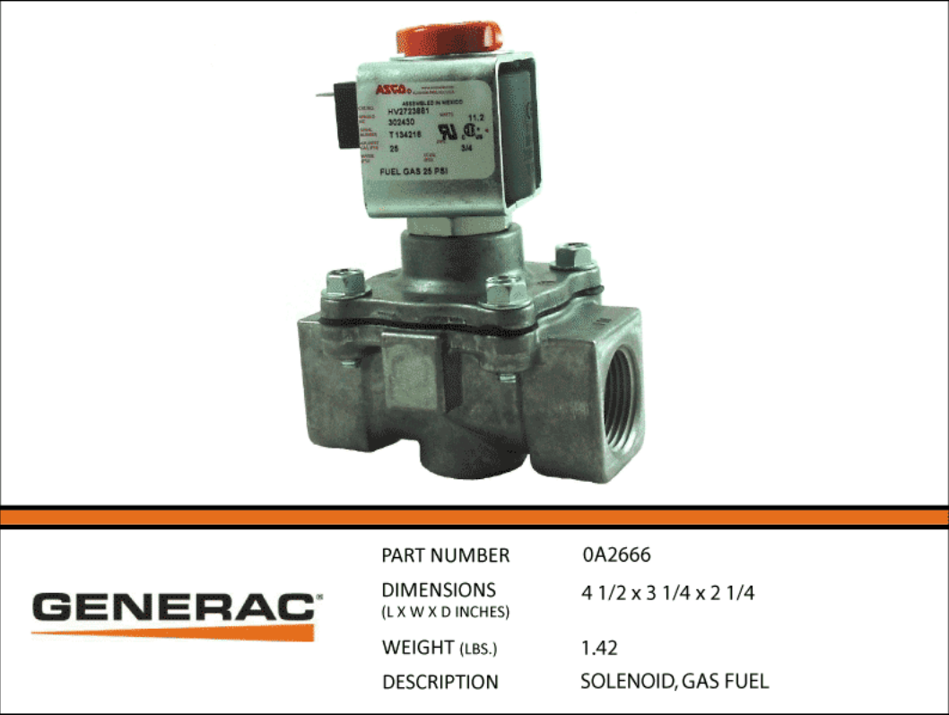 Generac Gas Fuel Solenoid Part# 0A2666