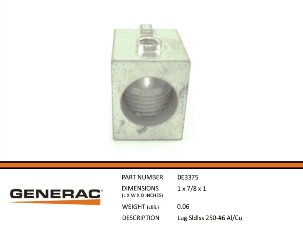 Generac Lug SLDLSS 250 - #6 AL/CU Part# 0E3375