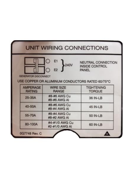 Generac Decal Unit Wiring Connections Part# 0G7748