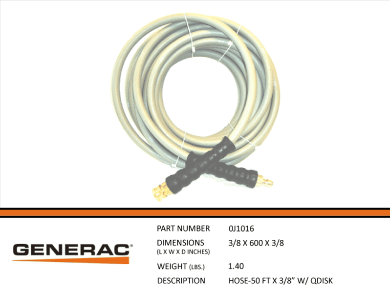 Generac HOSE-50FT X 3/8" W/QDISK Part# 0J1016