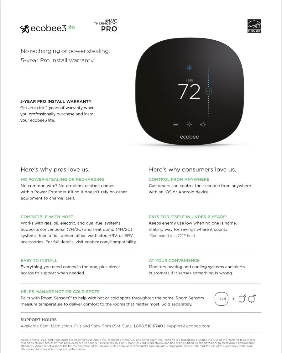 Ecobee3 Lite Pro Smart Thermostat EB-STATE3LTP-02