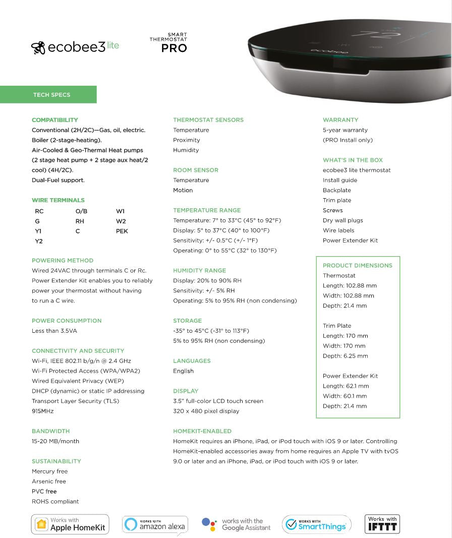 Ecobee3 Lite Pro Smart Thermostat EB-STATE3LTP-02