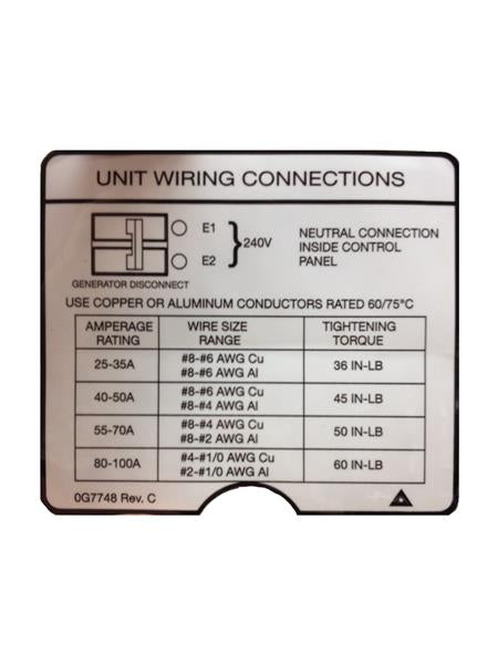Generac Decal Unit Wiring Connections Part